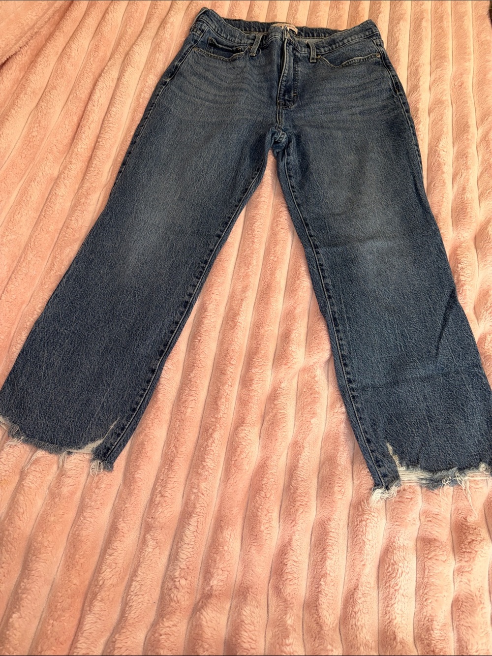 Lucky Brand Medium-Dark Blue Zoe High RiseCropped Straight Jeans with Frayed Hem